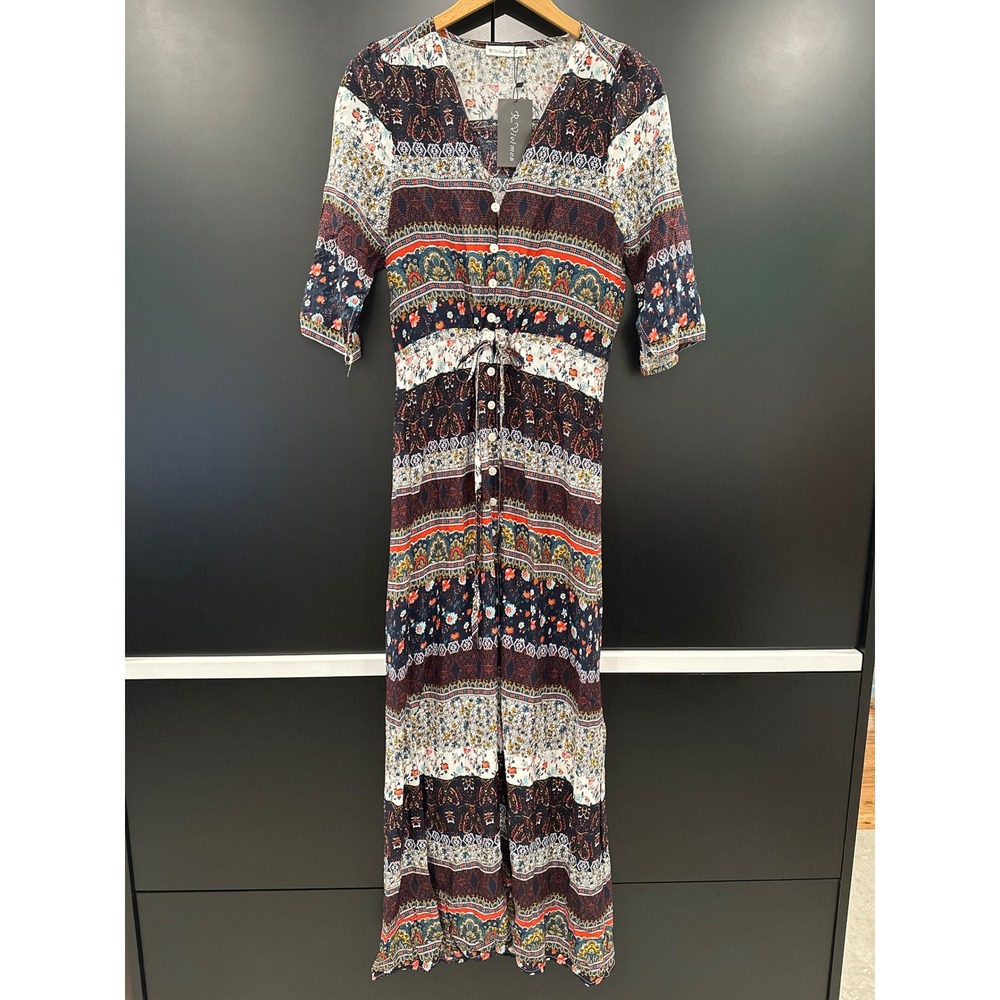 R.Vivimos Womens Boho Floral Paisley Button Front Maxi Dress Small NWT 009057018